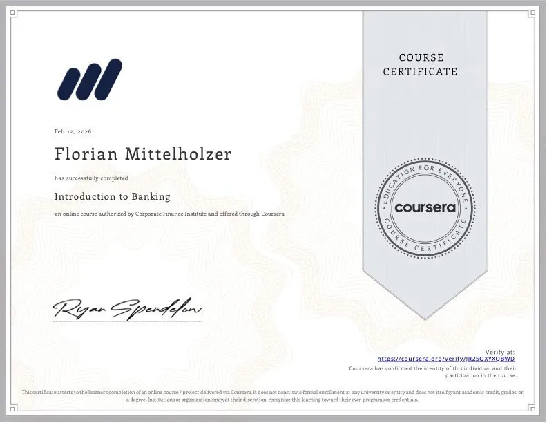 Zertifikat Introduction to Banking, Corporate Finance Institute