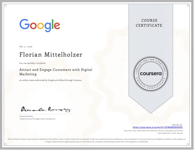 Zertifikat Attract and Engage Customers with Digital Marketing, Google