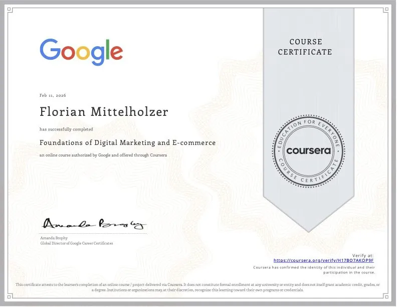 Zertifikat Foundations of Digital Marketing and E-commerce, Google