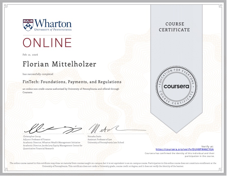 Zertifikat FinTech, University of Pennsylvania (Wharton)