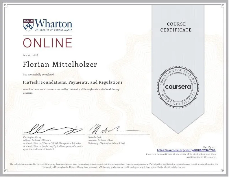 Zertifikat FinTech, University of Pennsylvania (Wharton)